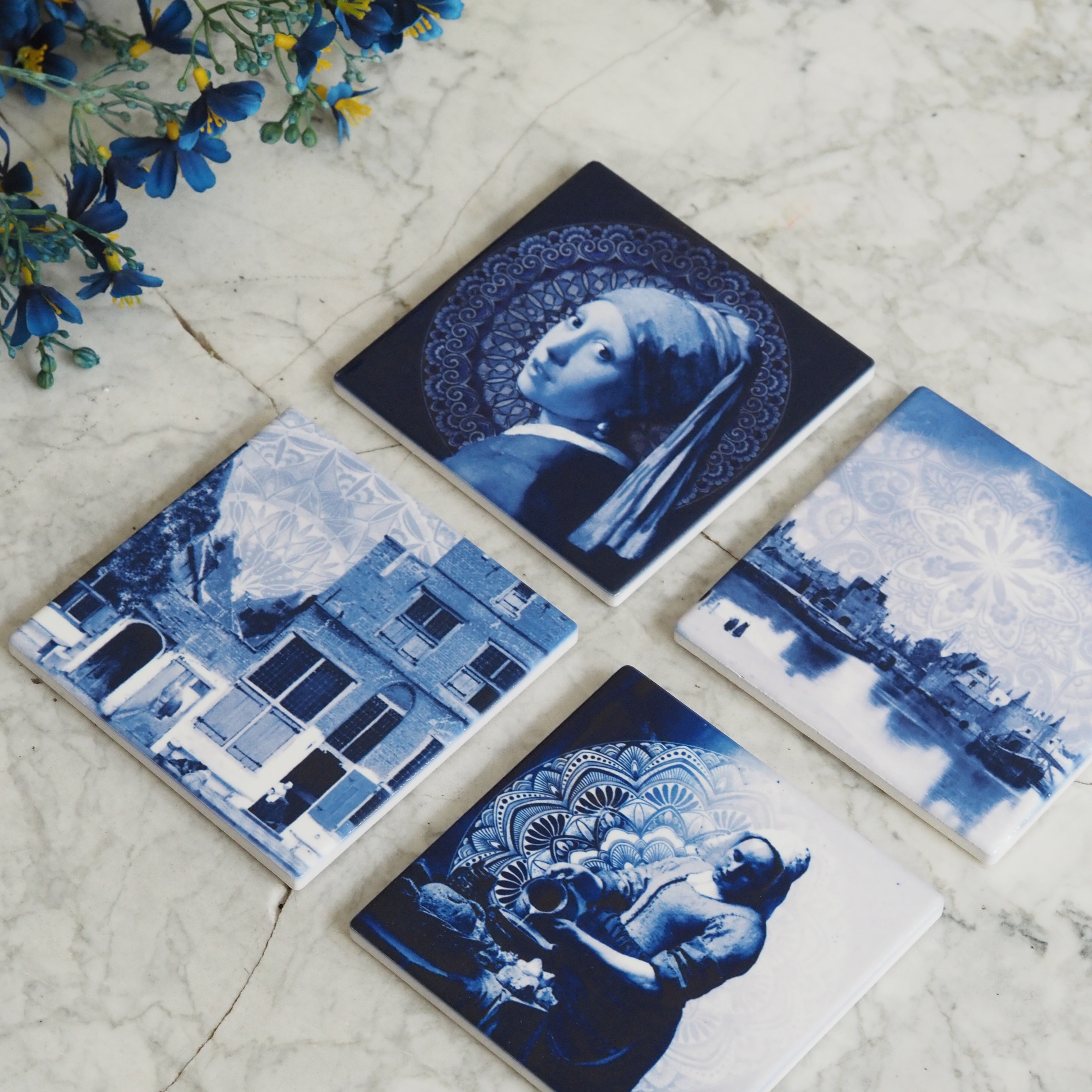 Untersetzer-Set Delfter Blau · Keramik mit Vermeer-Motiven, 4-teilig
