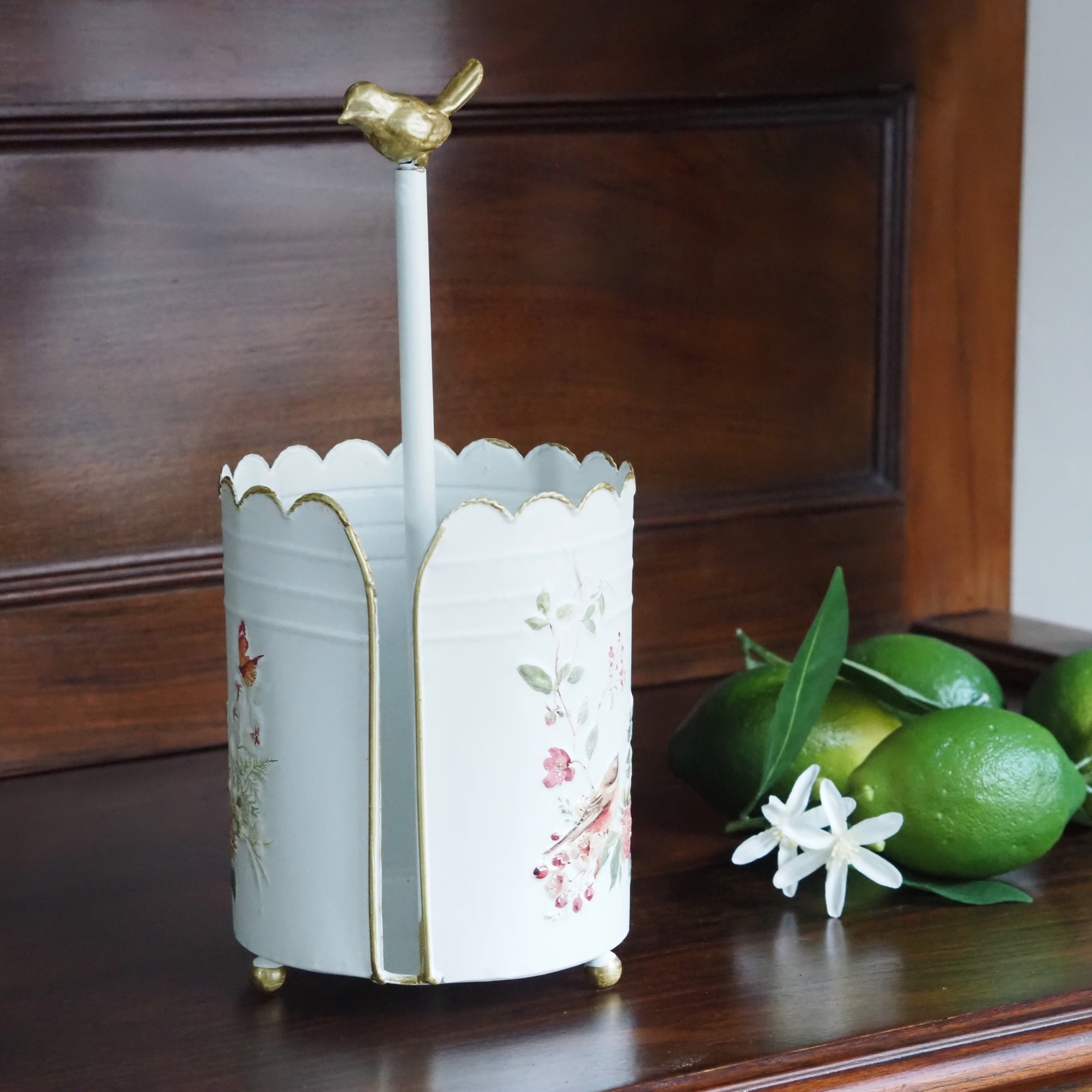 Küchenrollenhalter Weiß · Metall mit floralem Reliefdekor und Vogel-Finial