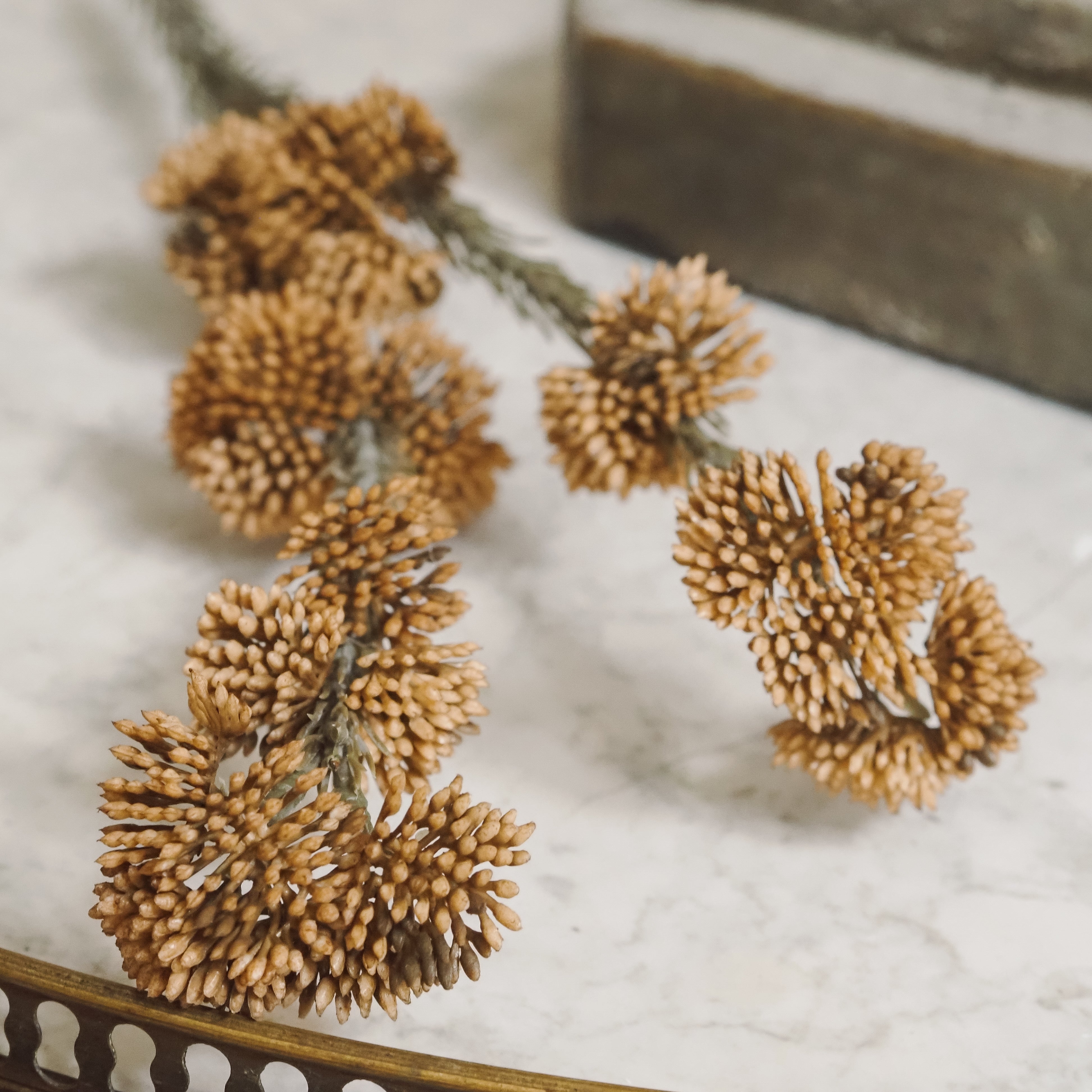 Deko-Zweig Goldbraun · Kugelblüten im Brunia-Stil · 60 cm