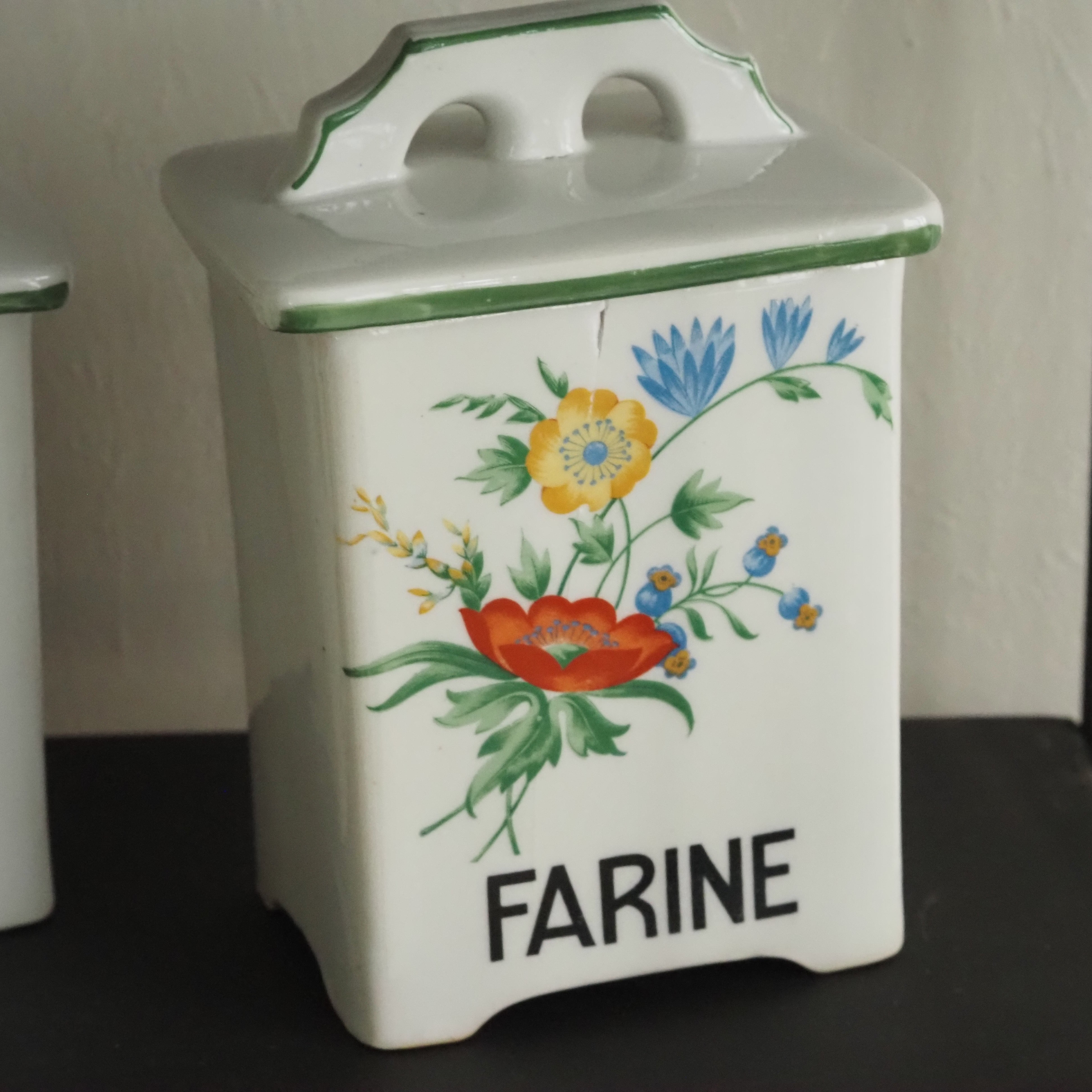 Vintage Vorratsdosen 4er Set · französisch beschriftete Keramikdosen