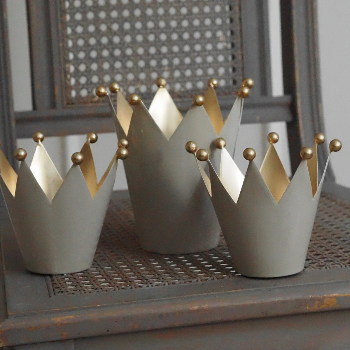Metallkrone 3er Set · Teelichthalter Taupe Goldfarben