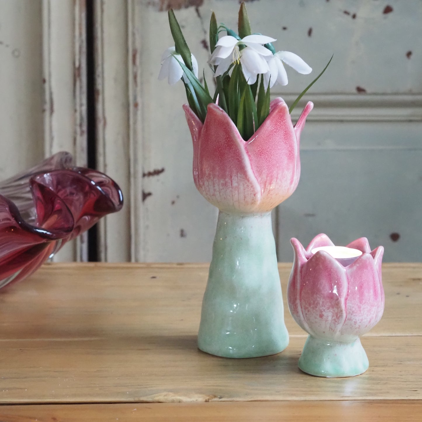 DECOR - NEW - Große Vase und kleines Teelicht in Tulpenform