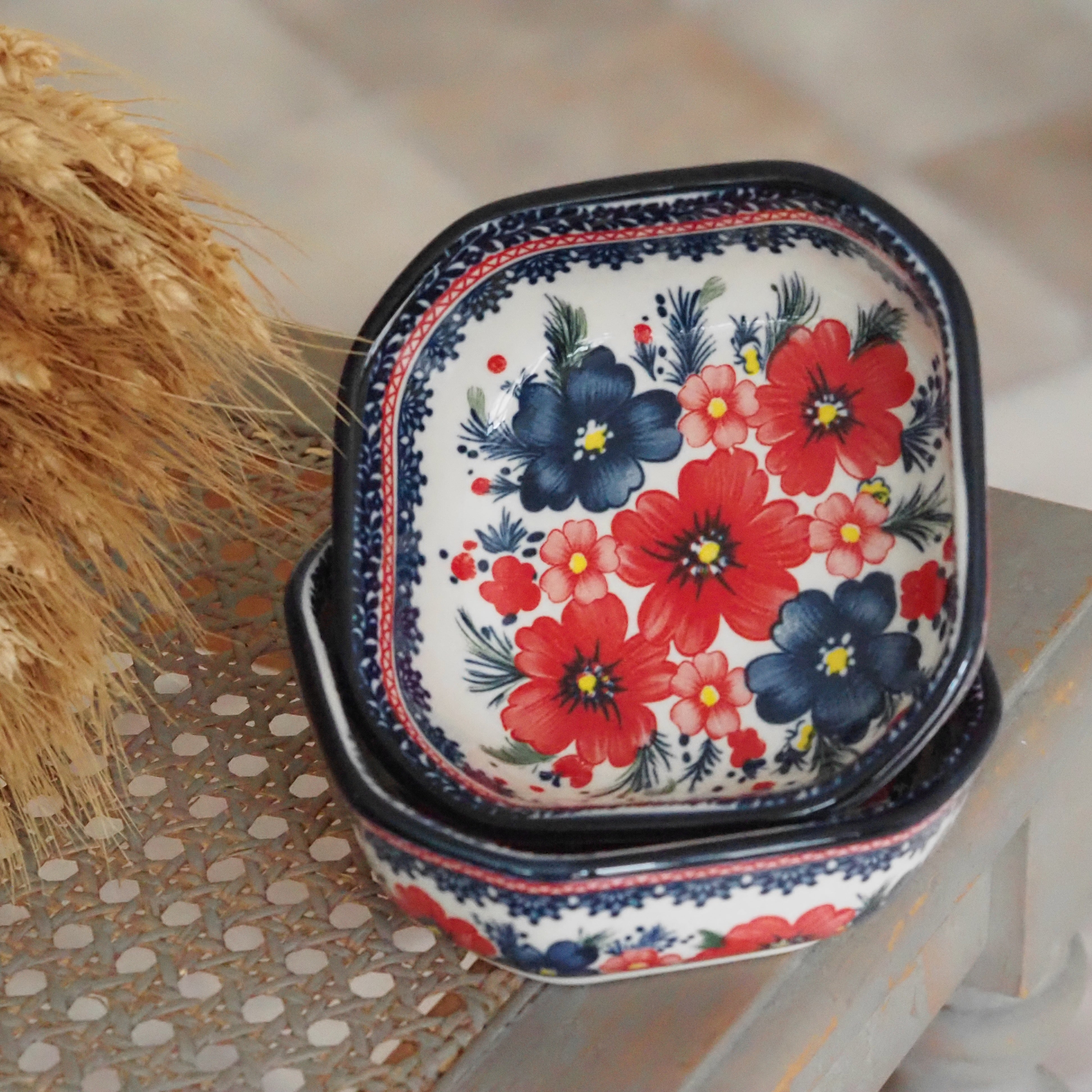 Keramikschale Blumendekor · Blau Rot Bunzlauer Tradition