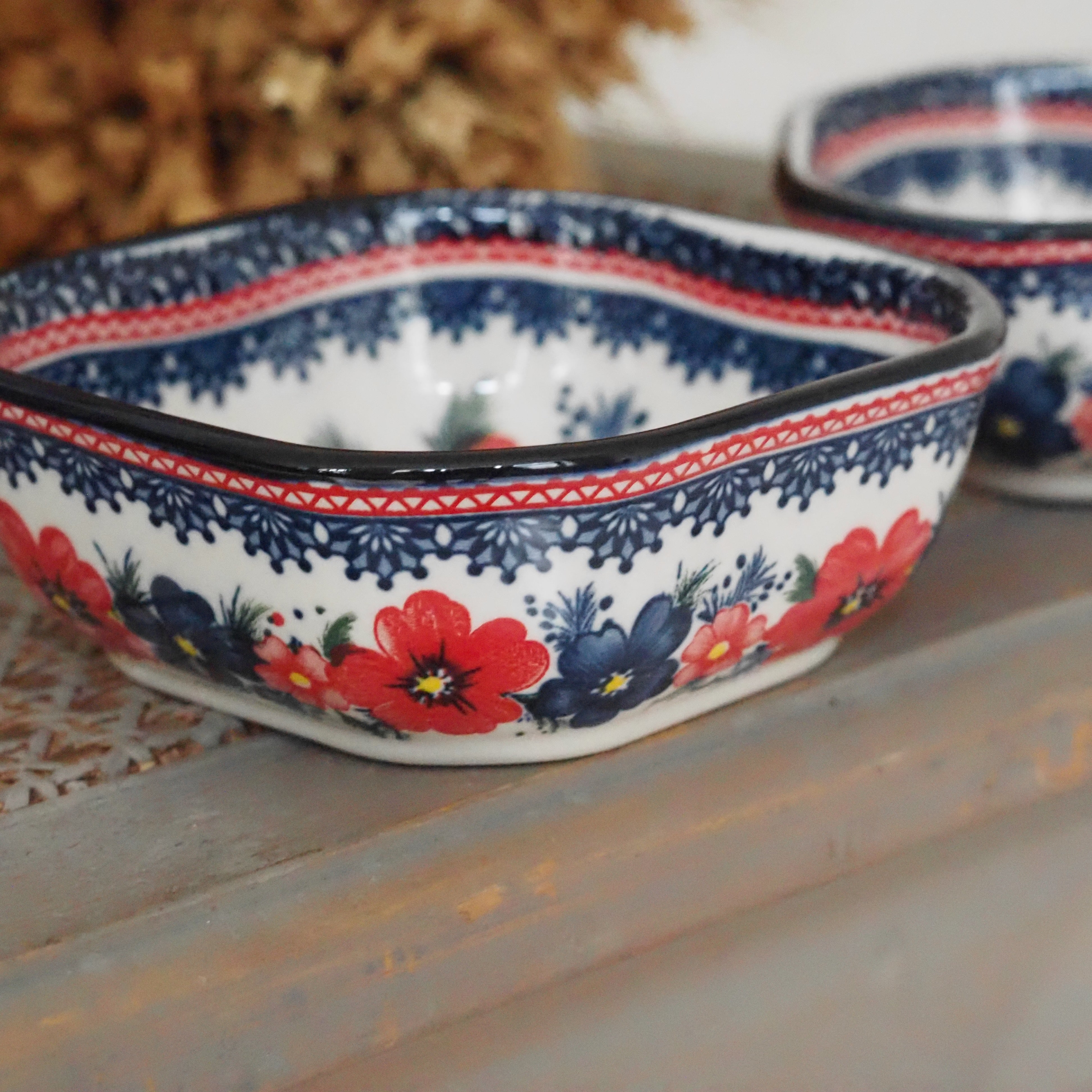 Keramikschale Blumendekor · Blau Rot Bunzlauer Tradition