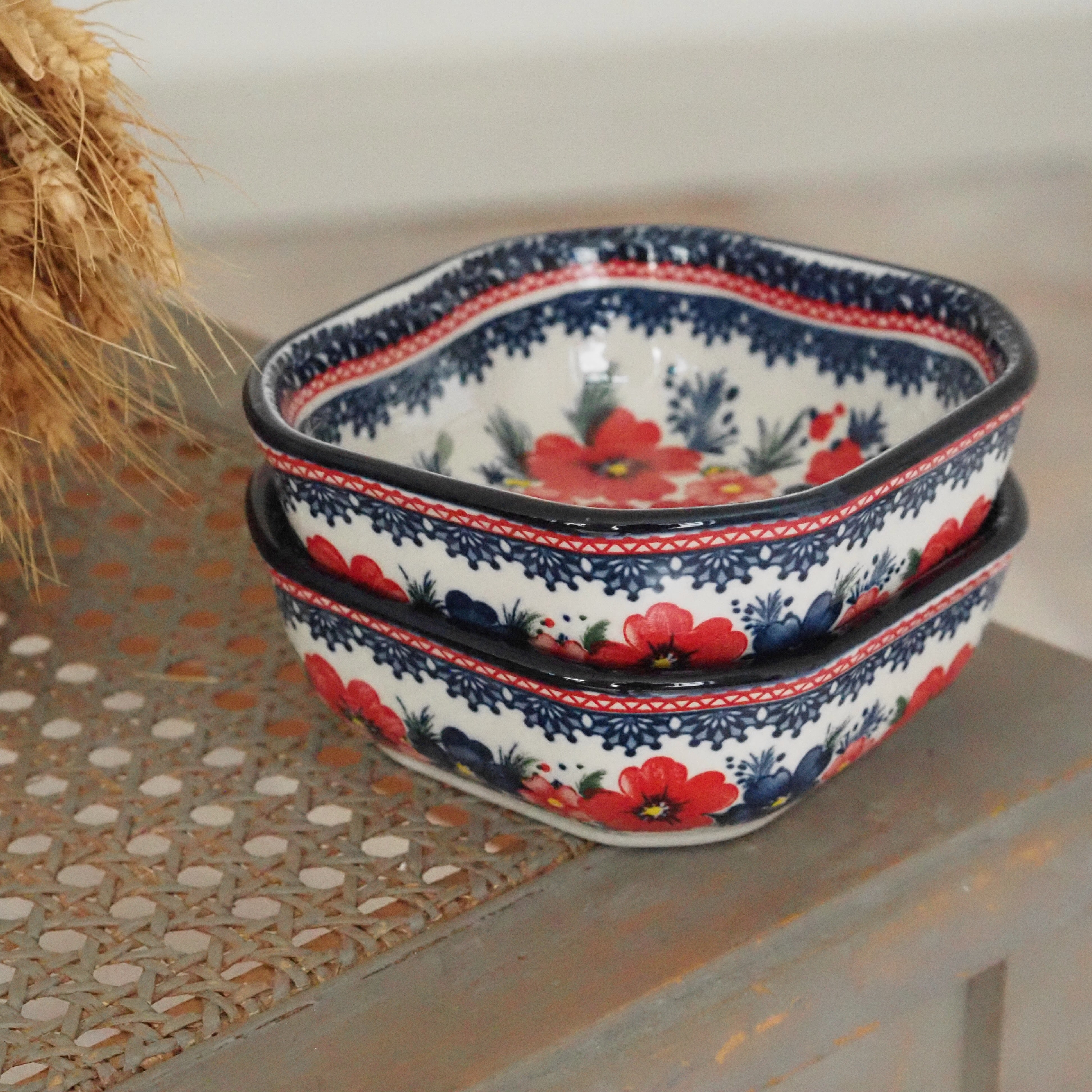 Keramikschale Blumendekor · Blau Rot Bunzlauer Tradition