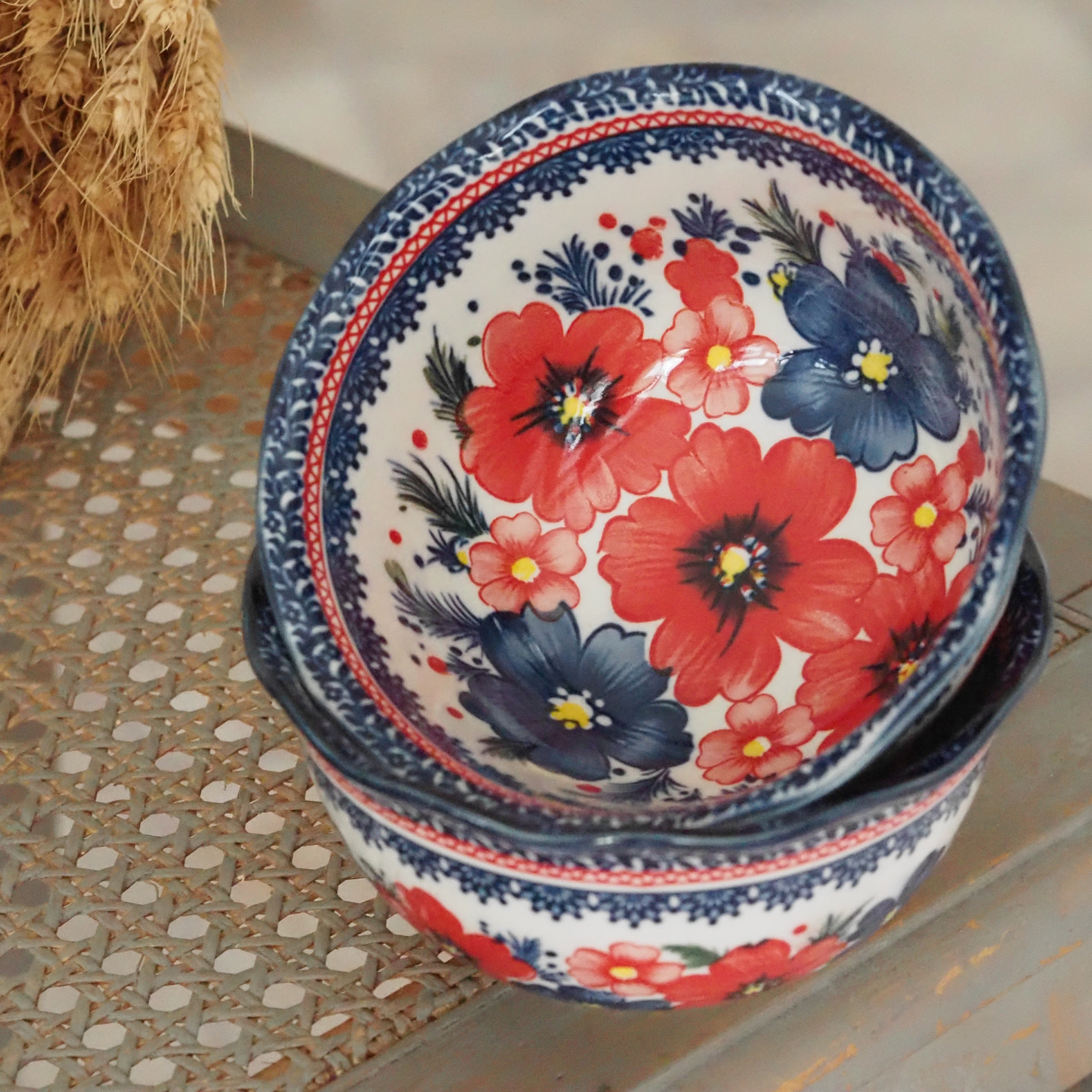 Keramikschale Blumendekor · Blau Rot Bunzlauer Tradition