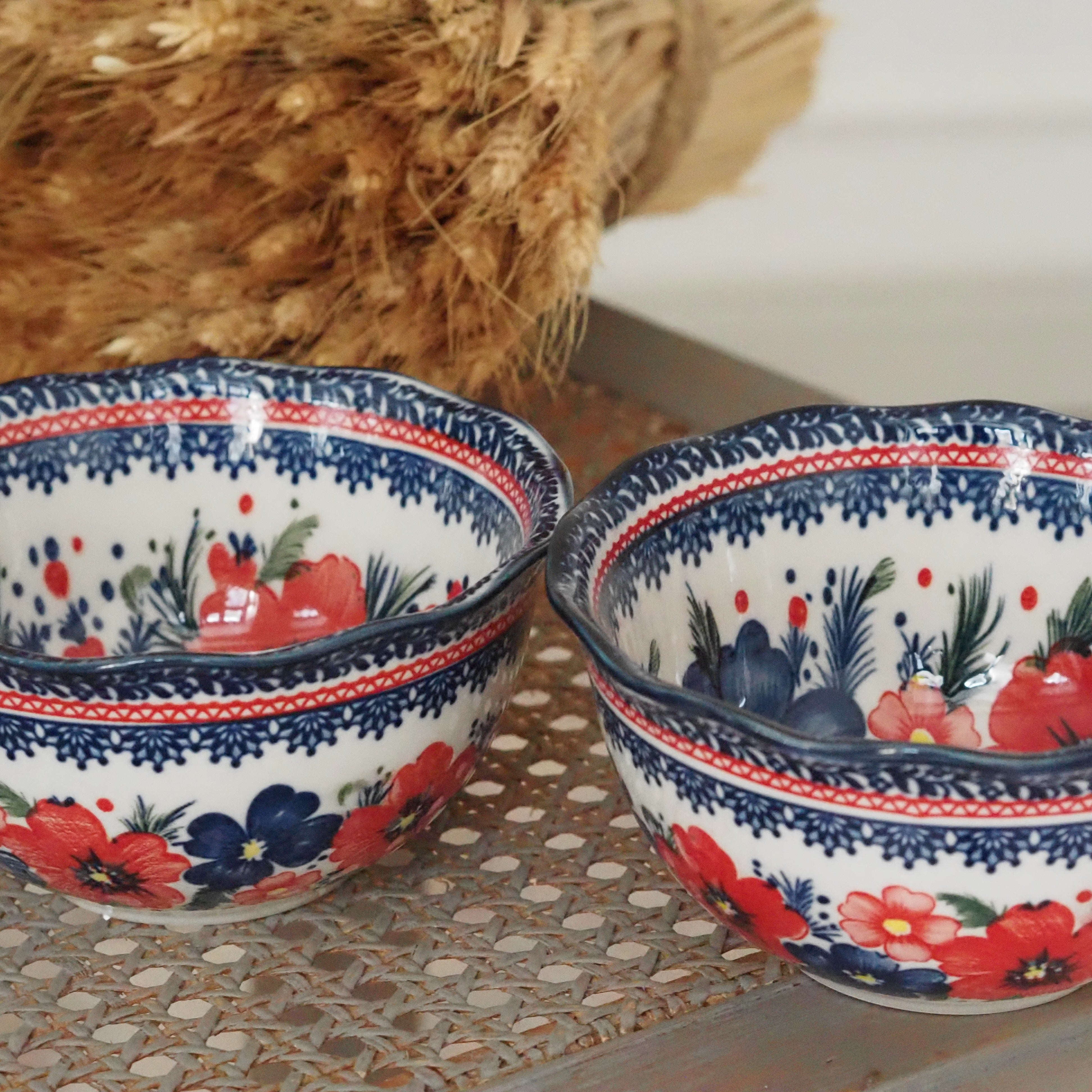 Keramikschale Blumendekor · Blau Rot Bunzlauer Tradition