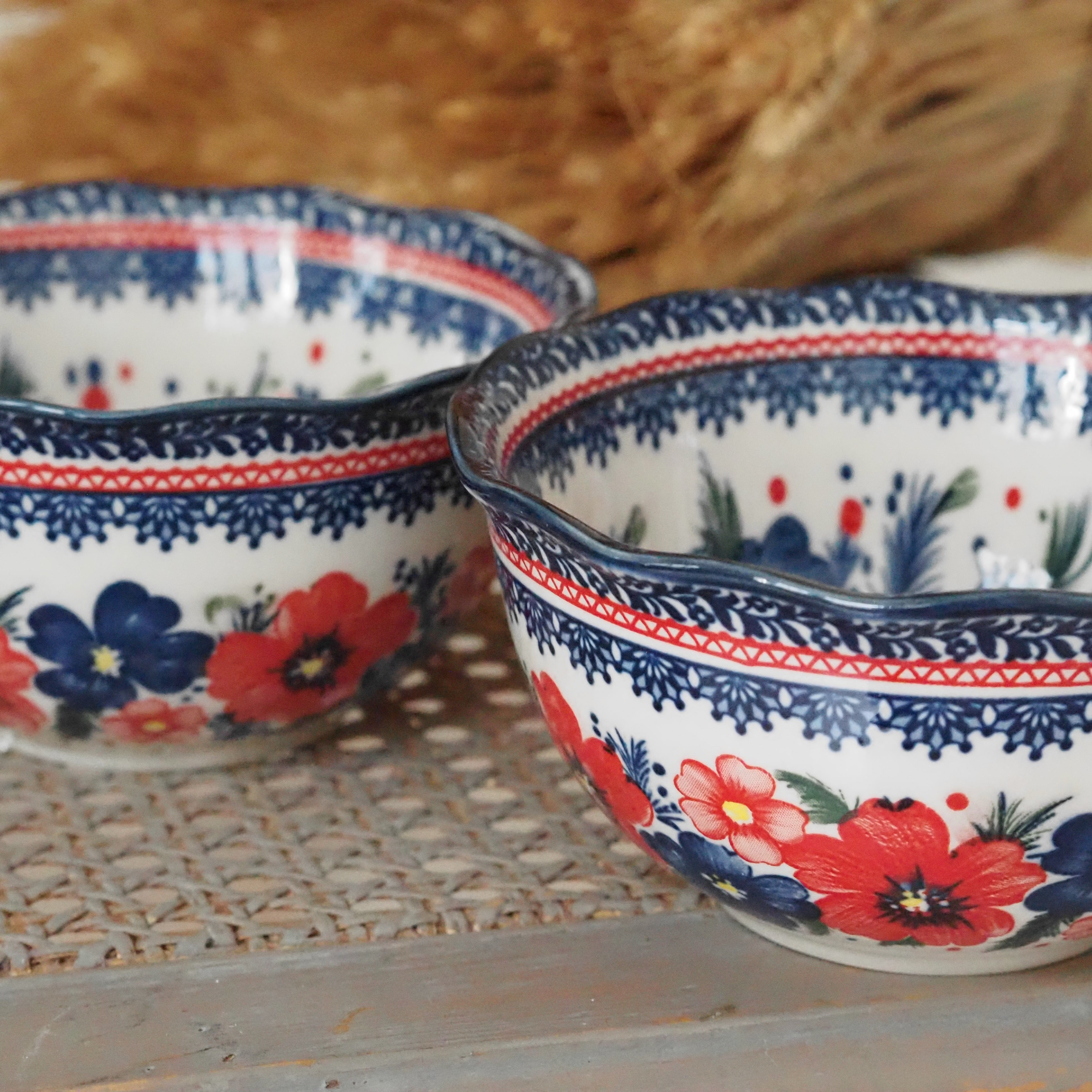 Keramikschale Blumendekor · Blau Rot Bunzlauer Tradition