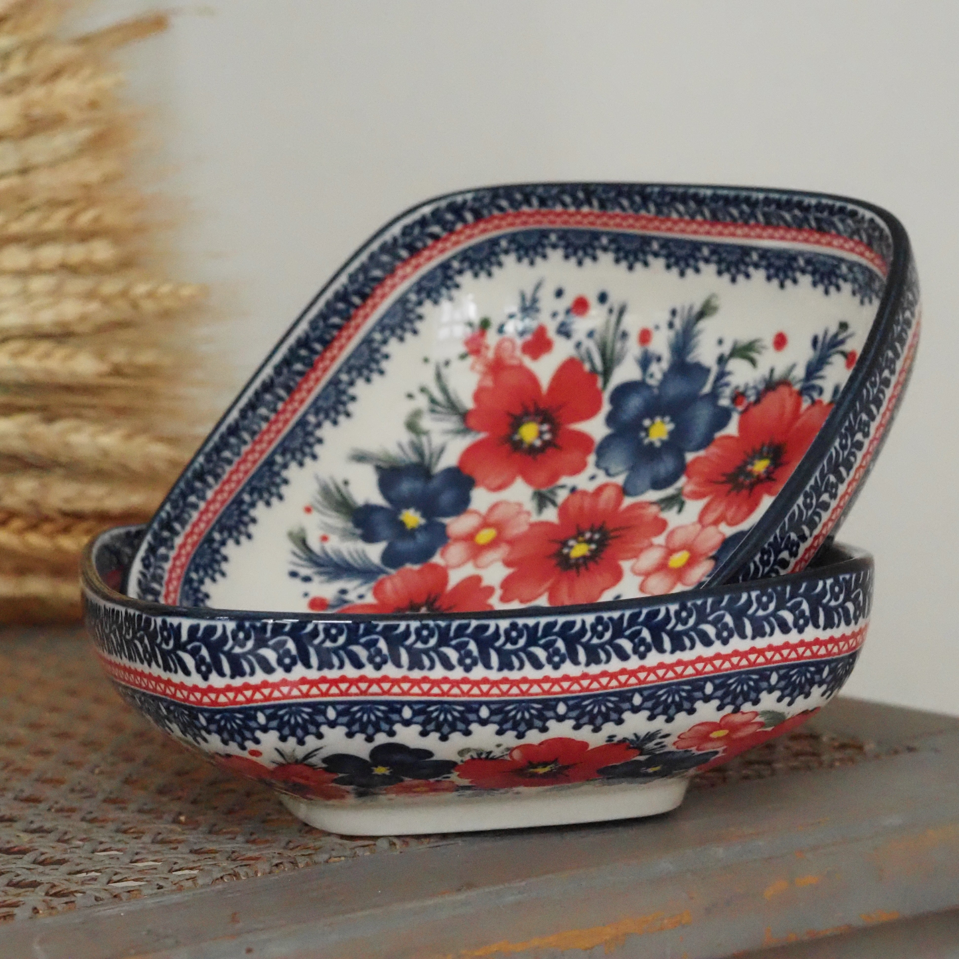 Keramikschale Blumendekor · Blau Rot Bunzlauer Tradition