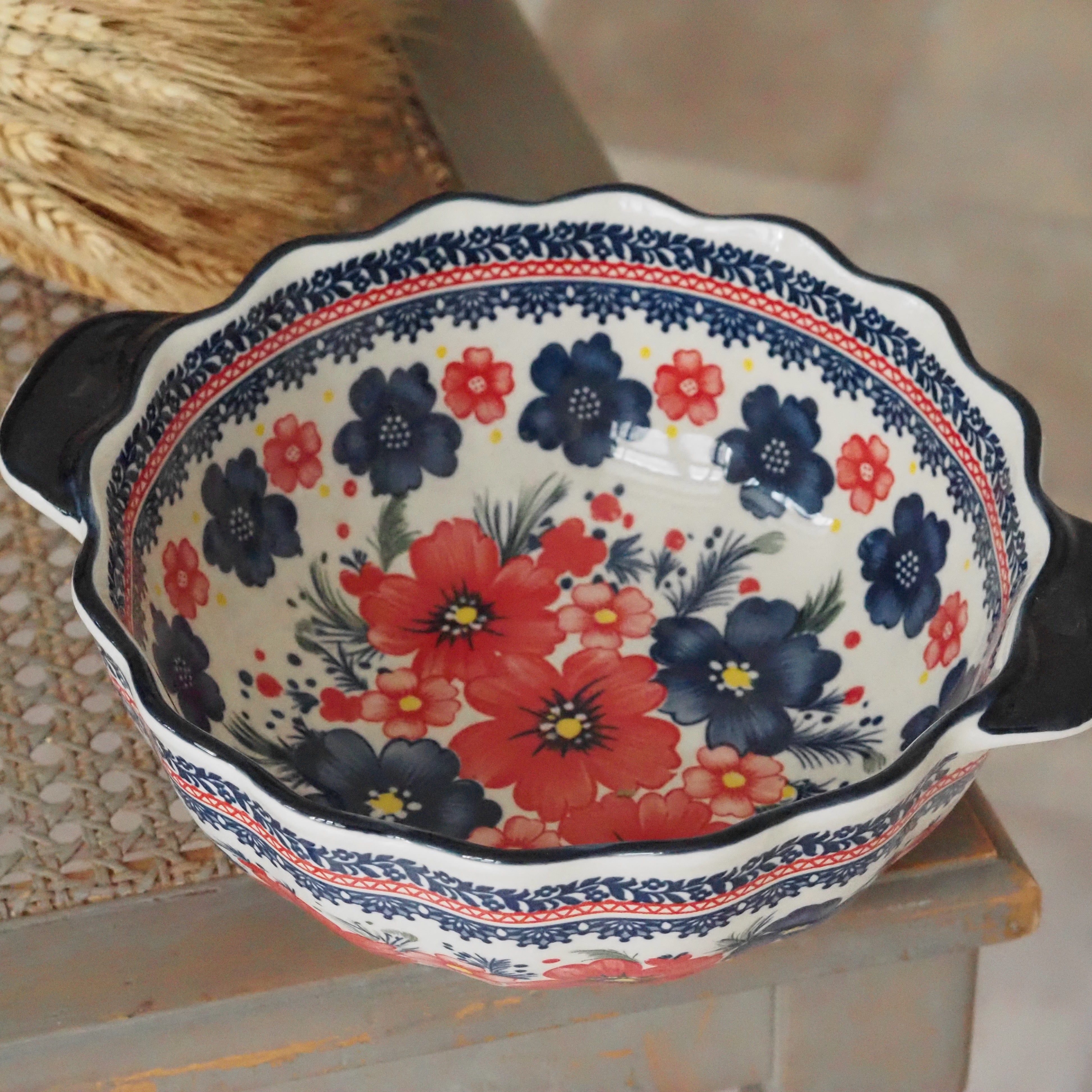 Keramikschale Blumendekor · Blau Rot Bunzlauer Tradition