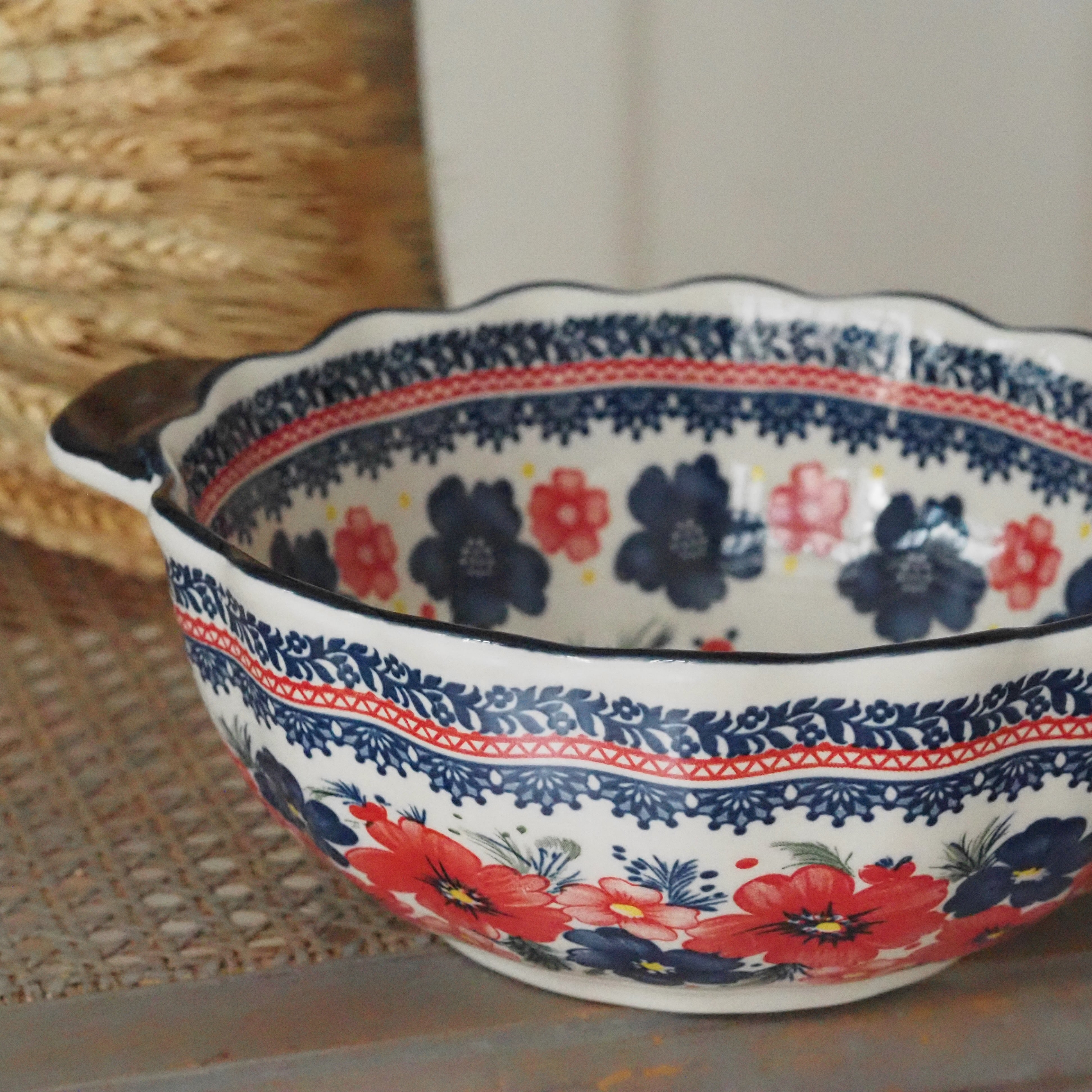 Keramikschale Blumendekor · Blau Rot Bunzlauer Tradition