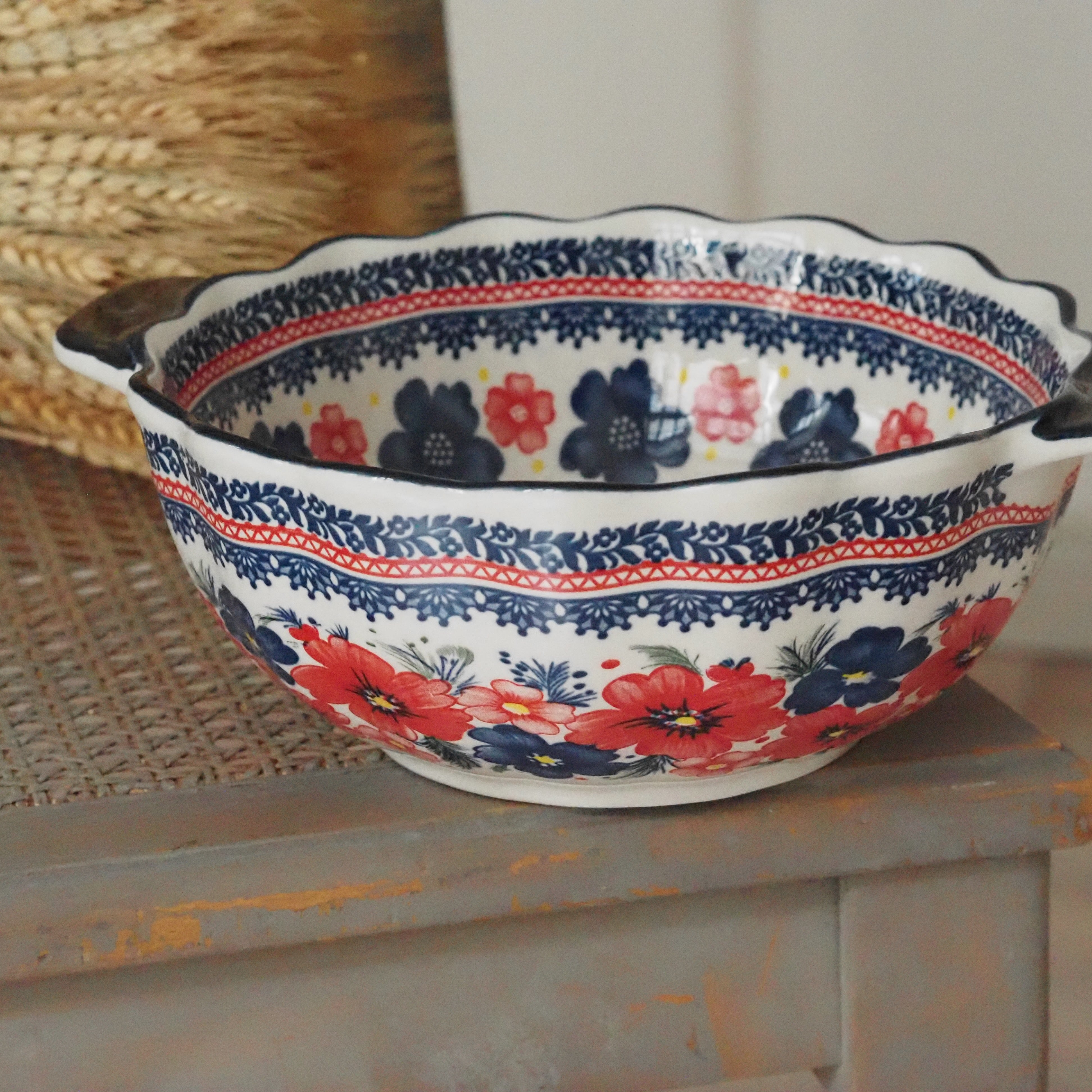 Keramikschale Blumendekor · Blau Rot Bunzlauer Tradition