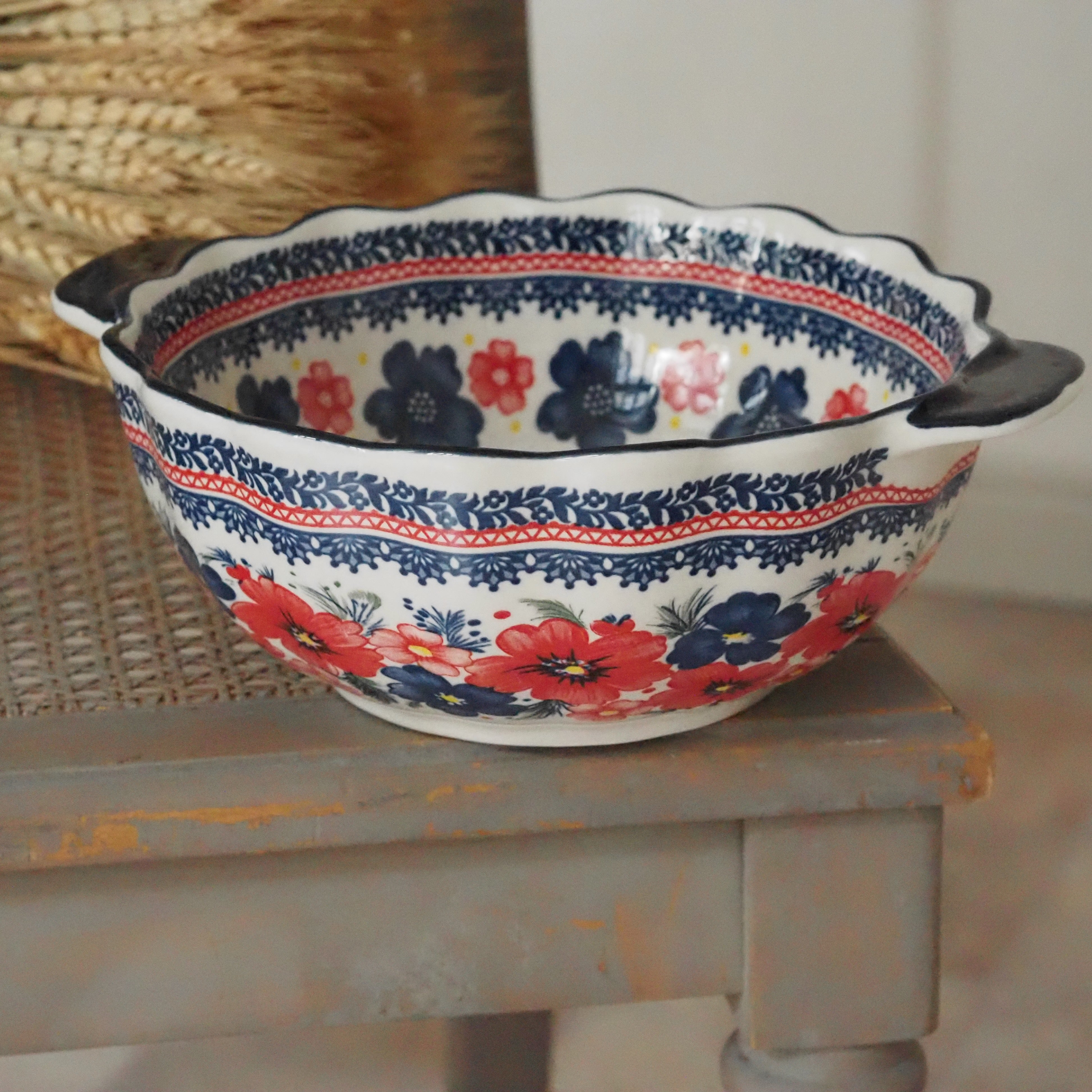 Keramikschale Blumendekor · Blau Rot Bunzlauer Tradition
