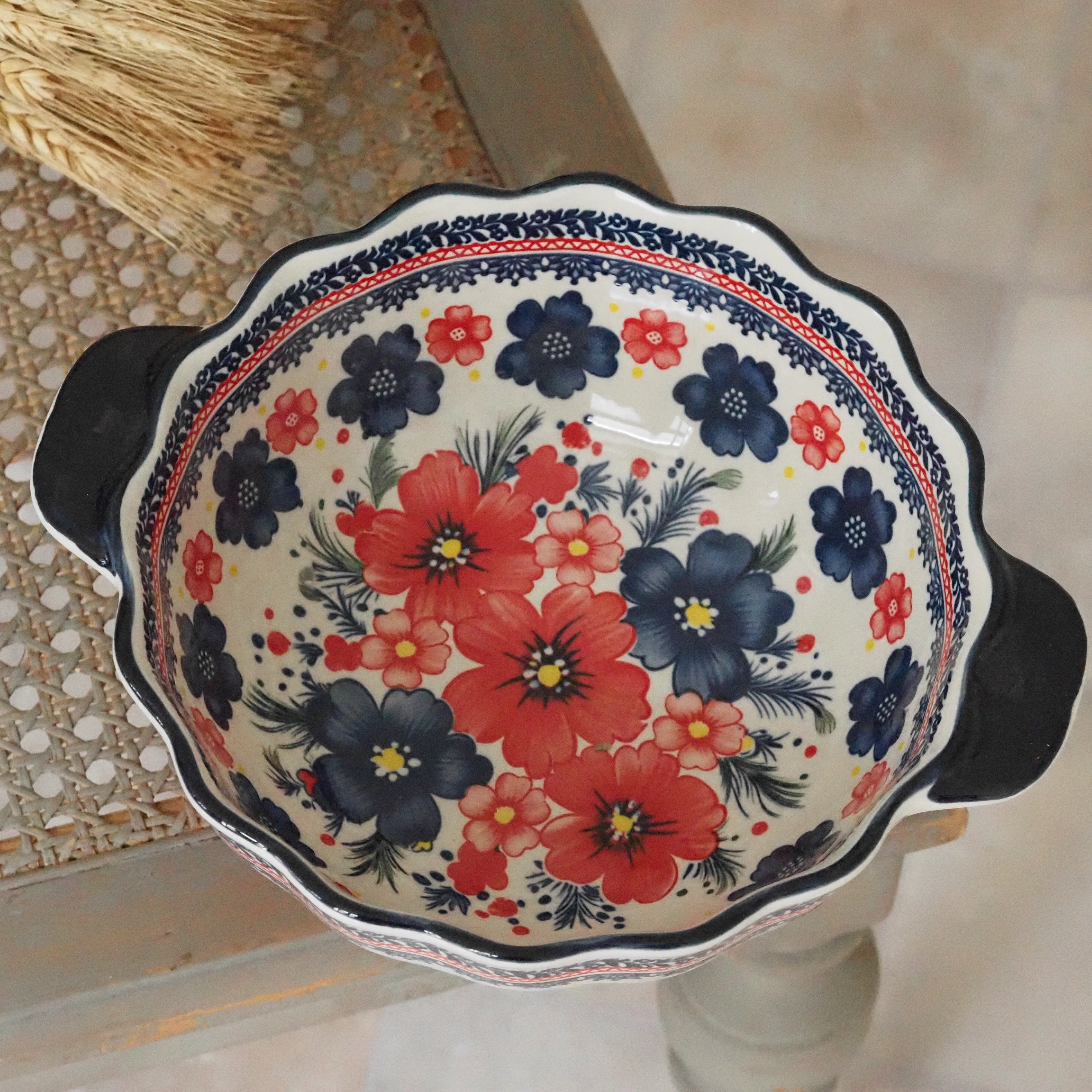 Keramikschale Blumendekor · Blau Rot Bunzlauer Tradition