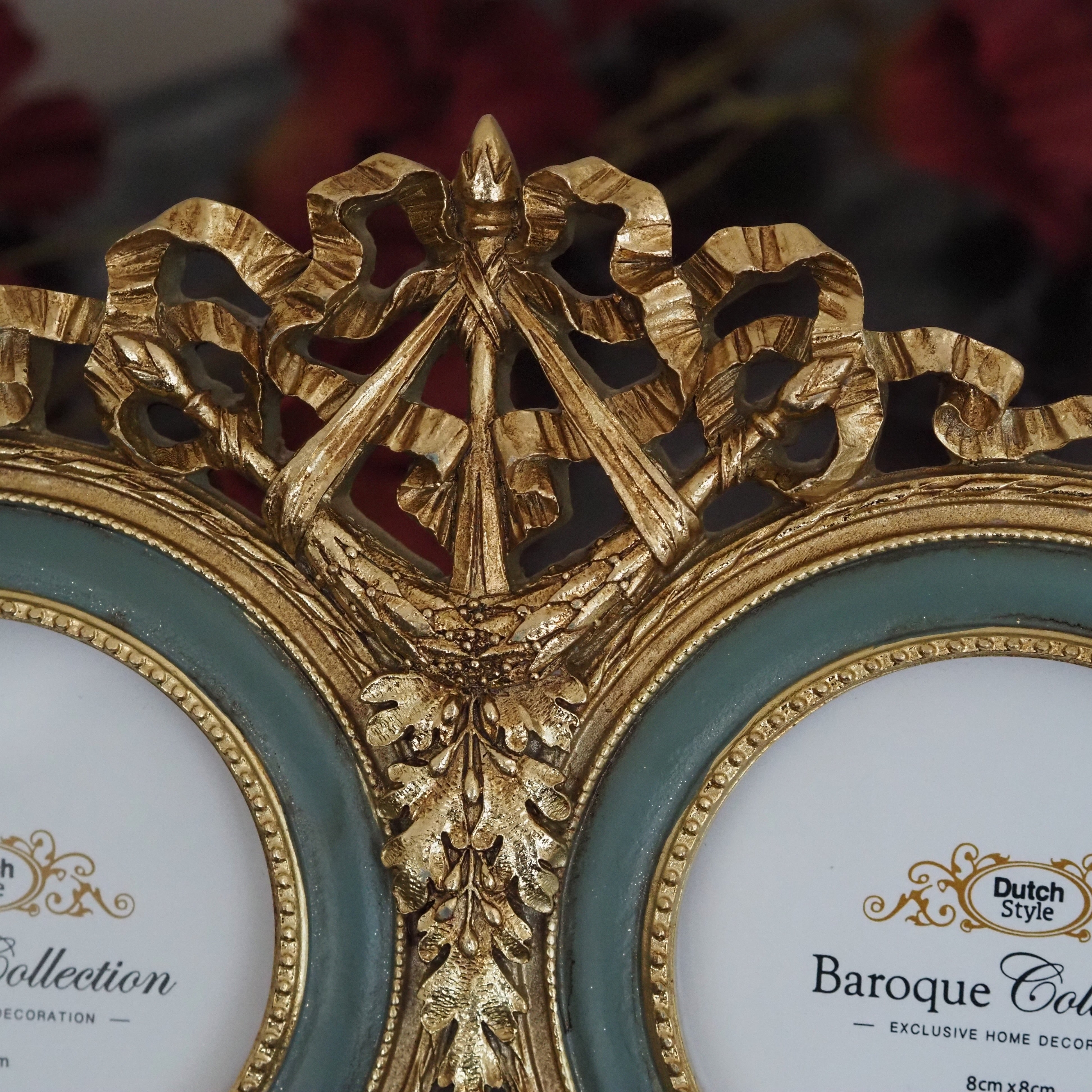 Doppelbilderrahmen 8×8 cm · Barock Schleife Gold Salbeigrün