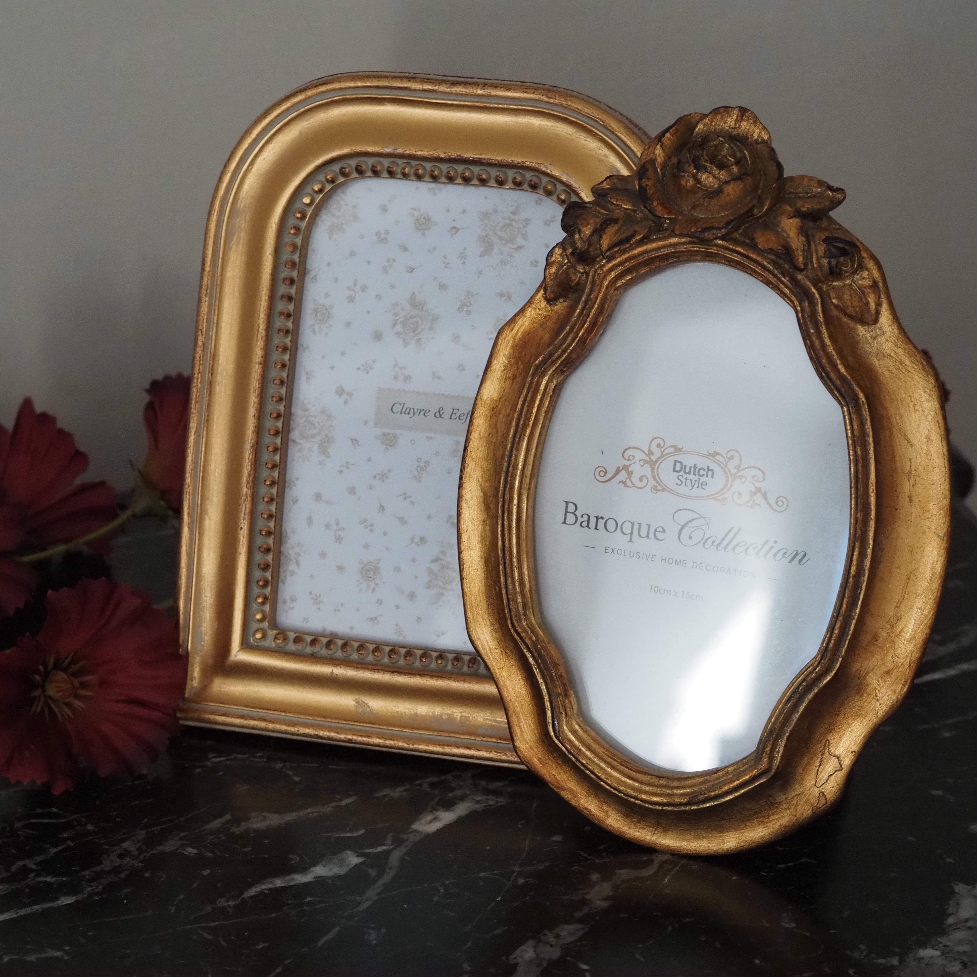 Bilderrahmen Gold 10 × 15 cm · Polyresin mit Antik-Patina [VARIANTE A – Rundbogen / VARIANTE B – Oval mit Rosendekor]
