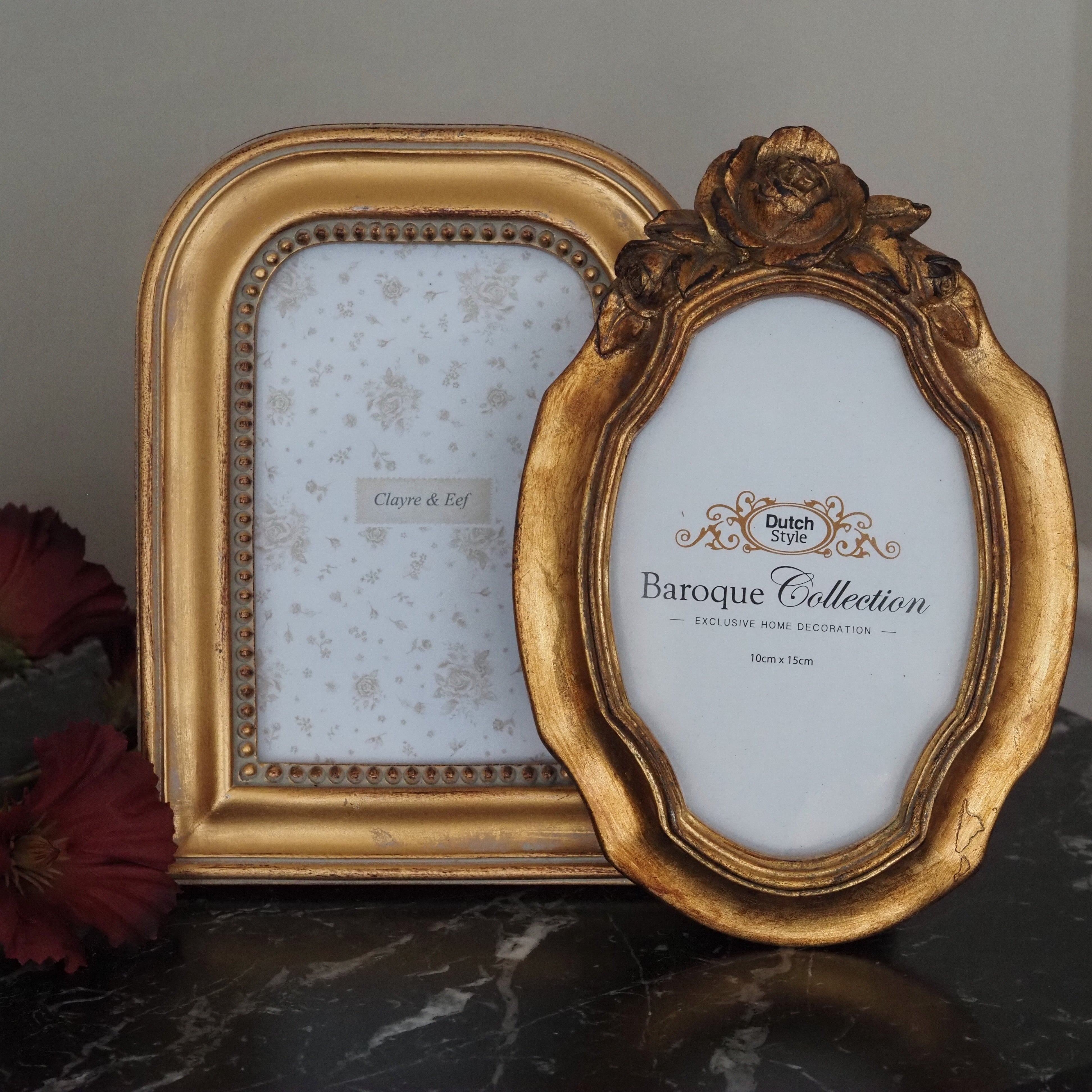 Bilderrahmen Gold 10 × 15 cm · Polyresin mit Antik-Patina [VARIANTE A – Rundbogen / VARIANTE B – Oval mit Rosendekor]