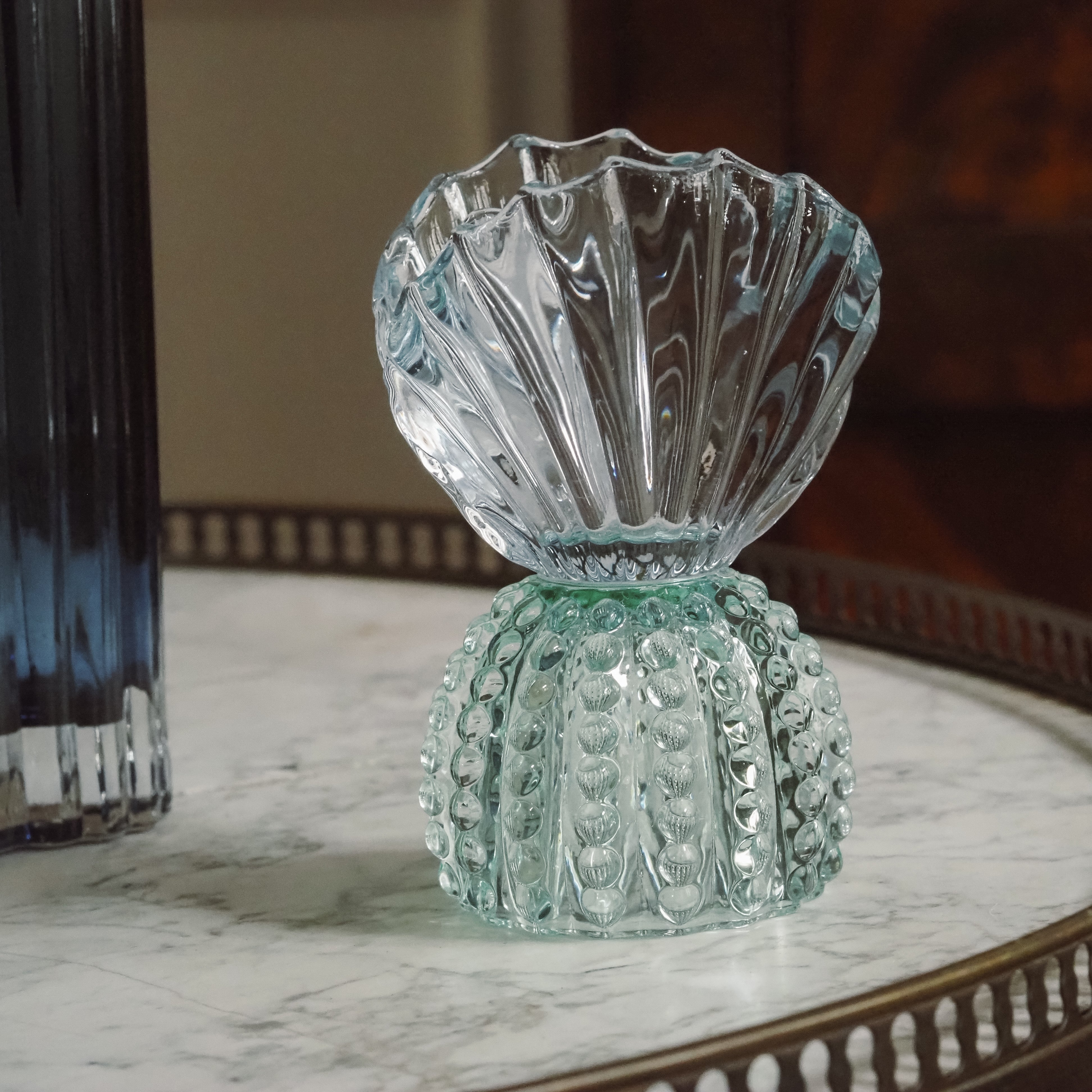 Teelichthalter Muschel · Bicolore Glasobjekt in Blau und Grün