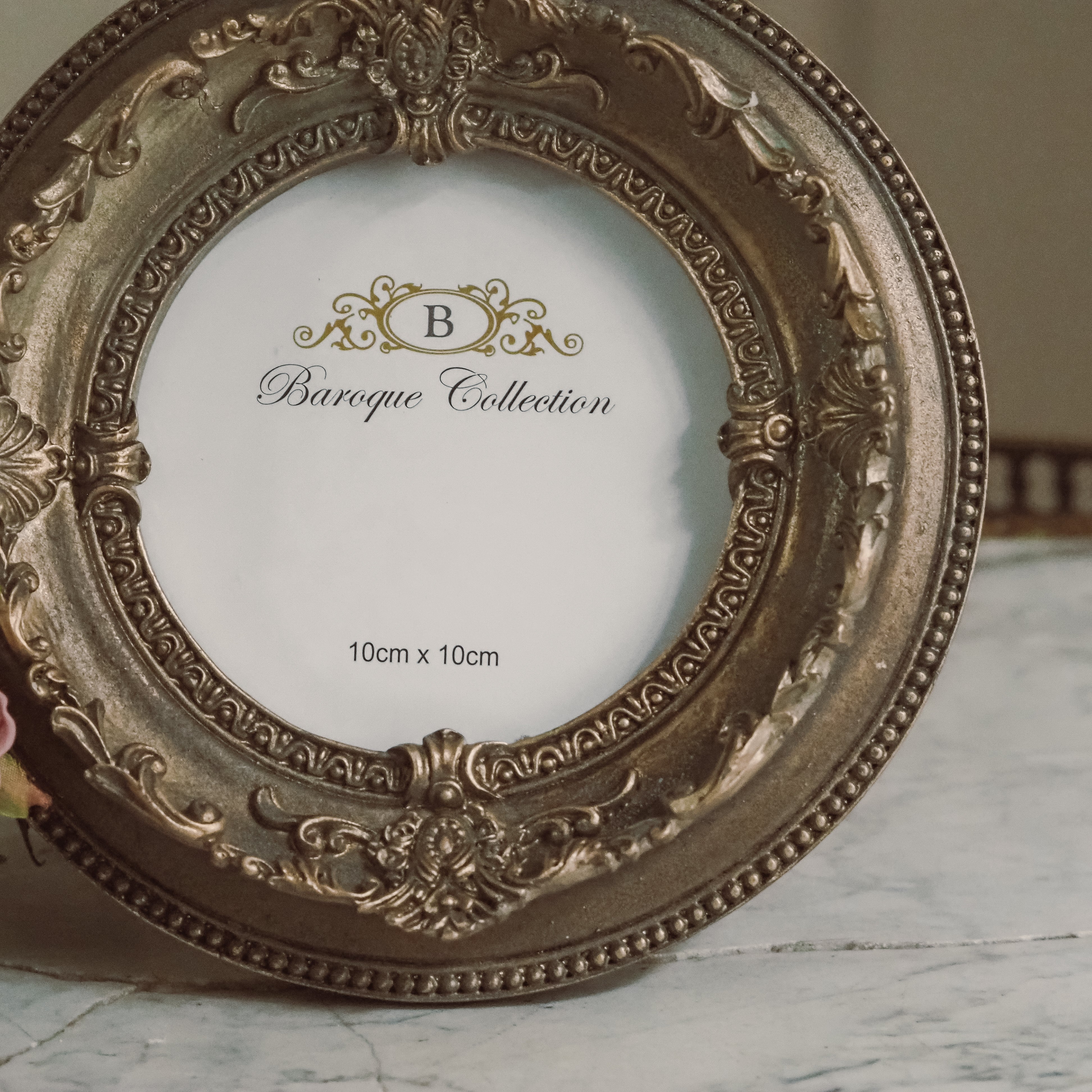 Runder Bilderrahmen Barockstil · Goldoptik Resin · 10 × 10 cm