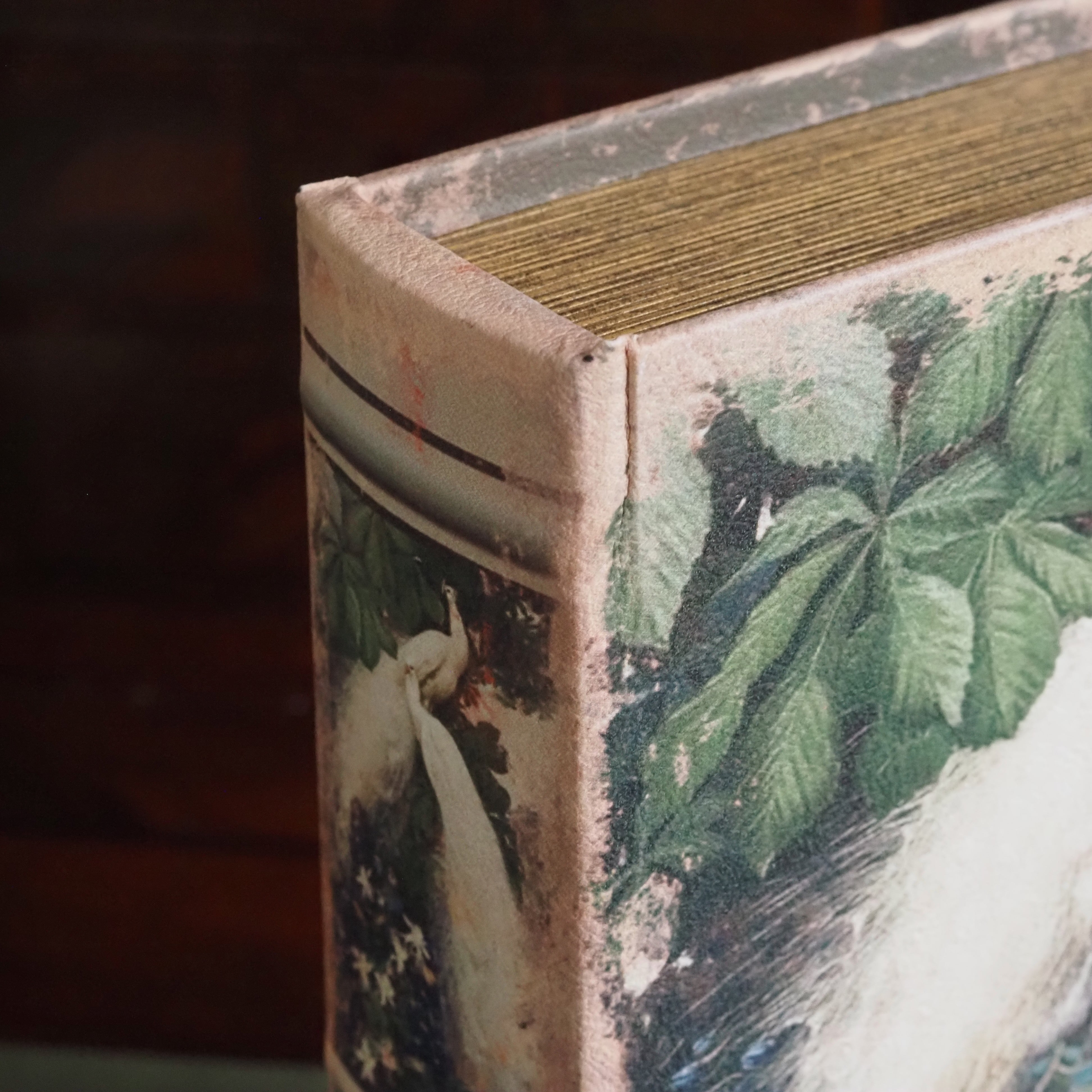 Buchdose Weiße Pfauen · Botanische Illustration Historismus Goldschnitt