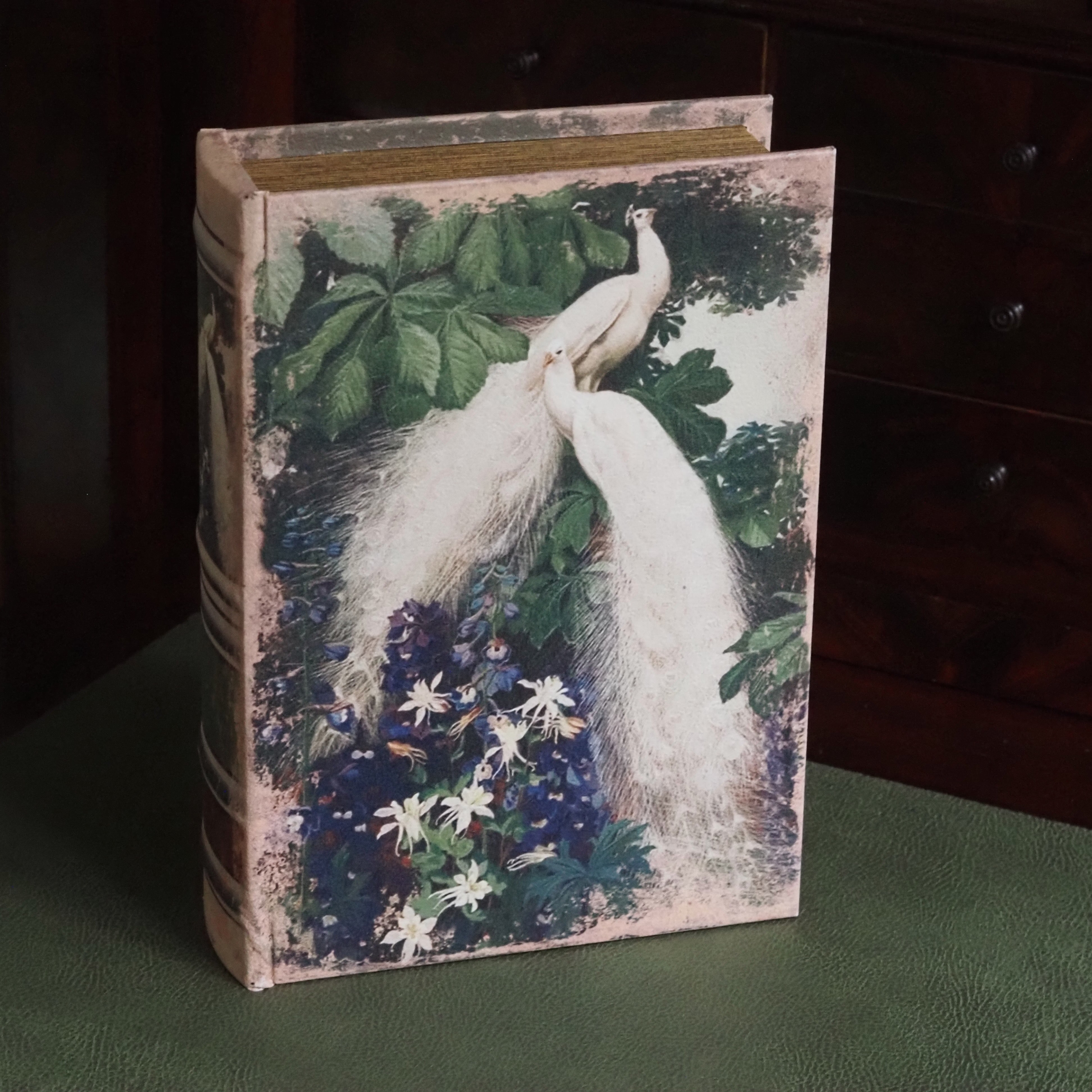 Buchdose Weiße Pfauen · Botanische Illustration Historismus Goldschnitt