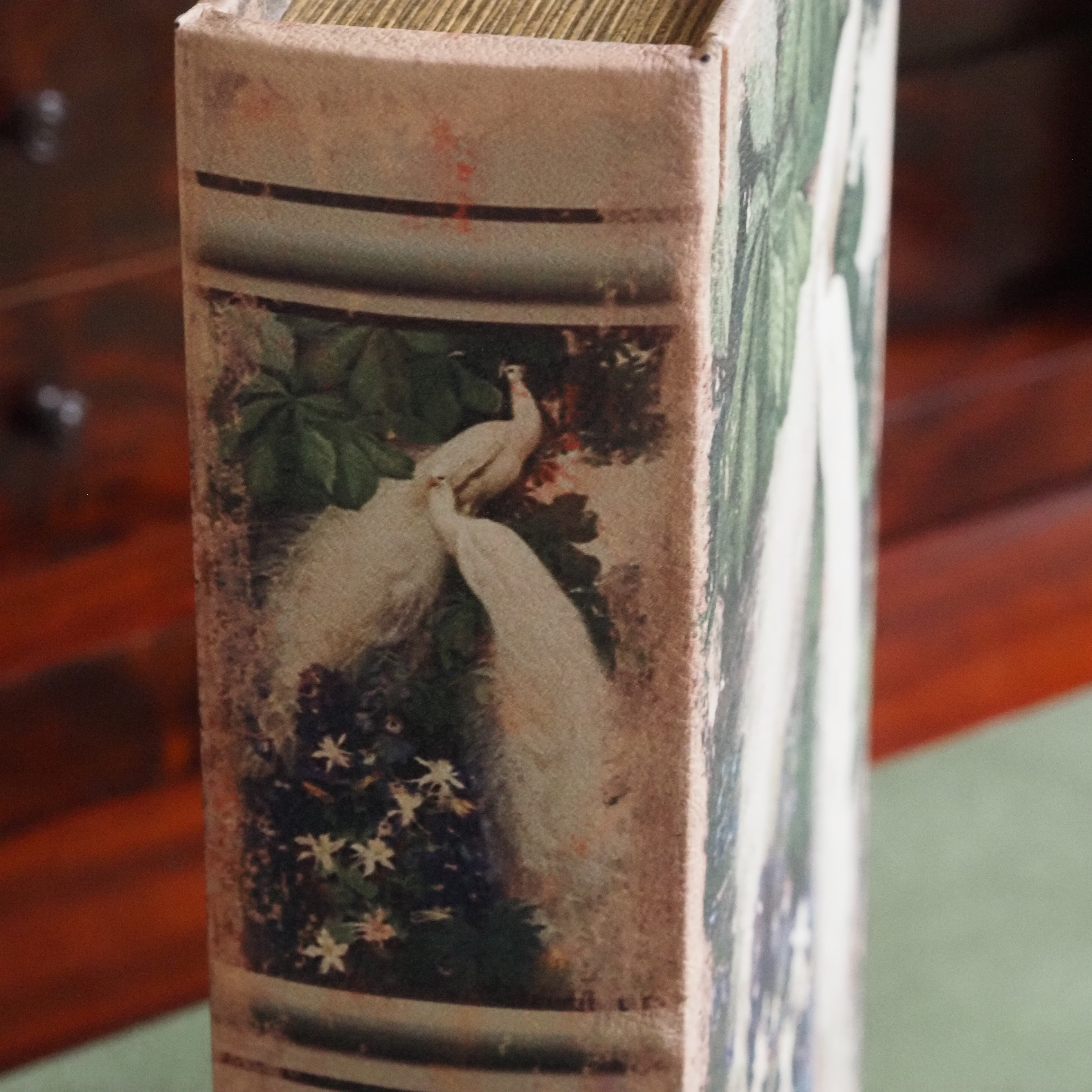 Buchdose Weiße Pfauen · Botanische Illustration Historismus Goldschnitt