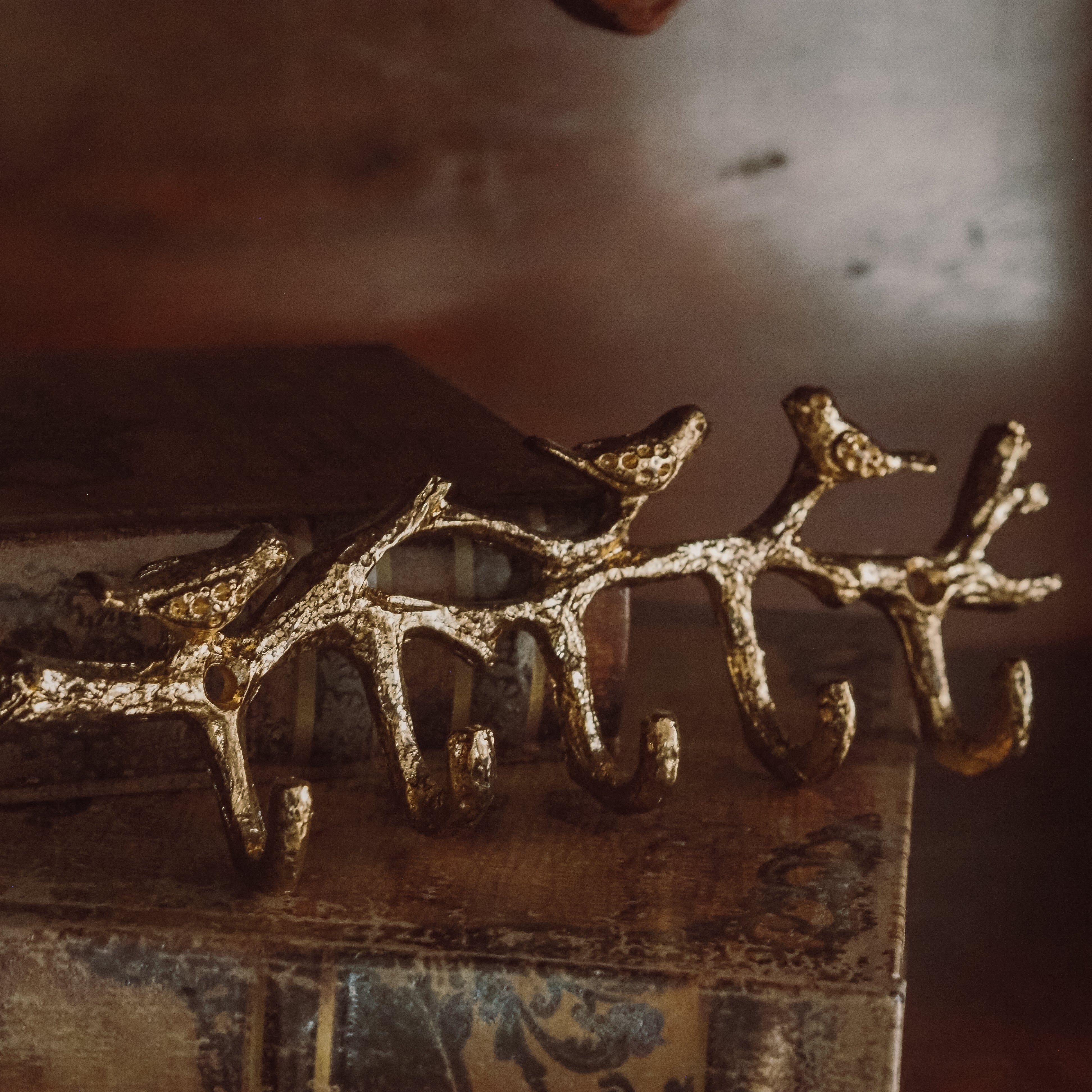 Wandhakenleiste · Ast mit Vögeln, goldfarben, Metallguss