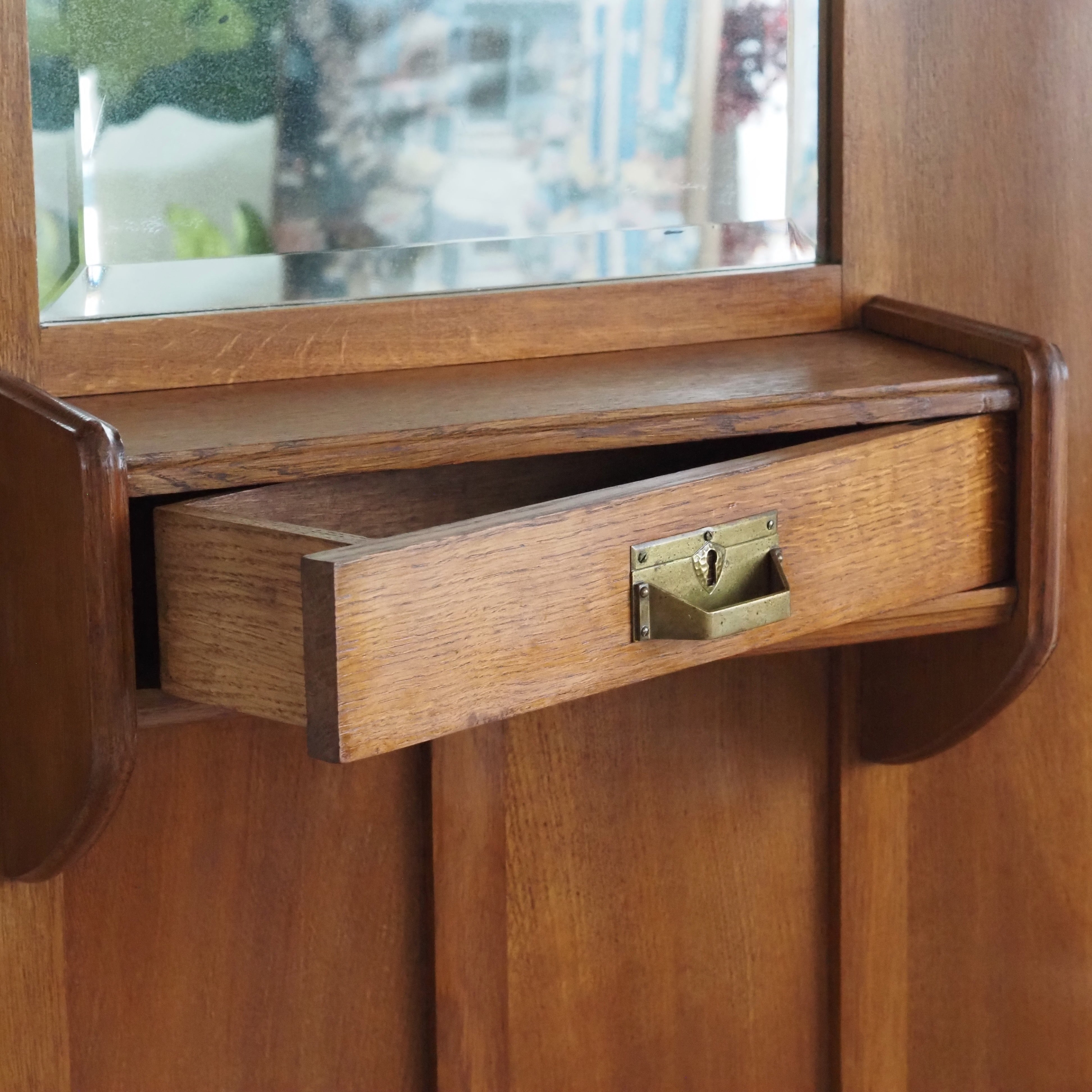Jugendstil Garderobe Eiche mit Spiegel und Intarsien um 1900