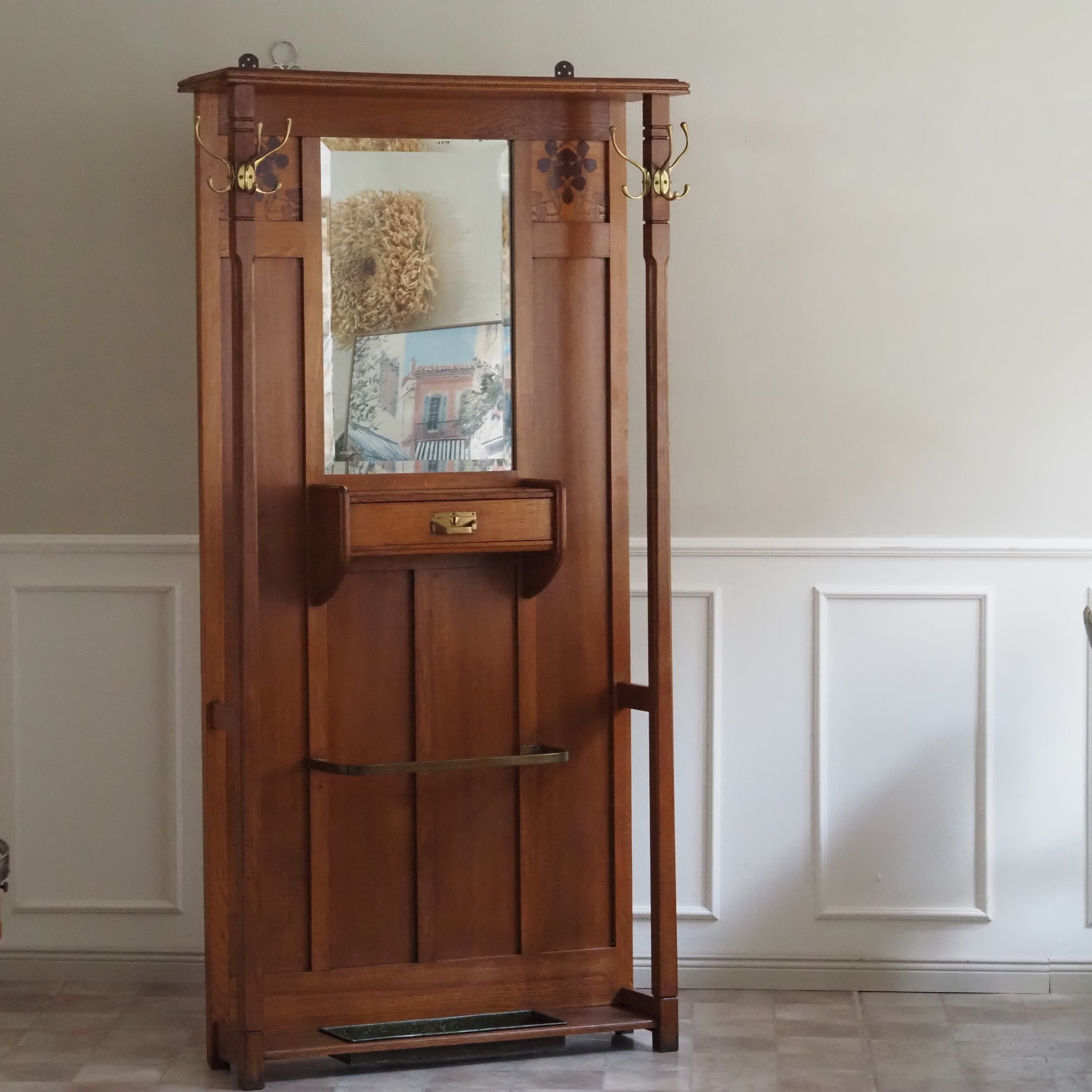 Jugendstil Garderobe Eiche mit Spiegel und Intarsien um 1900